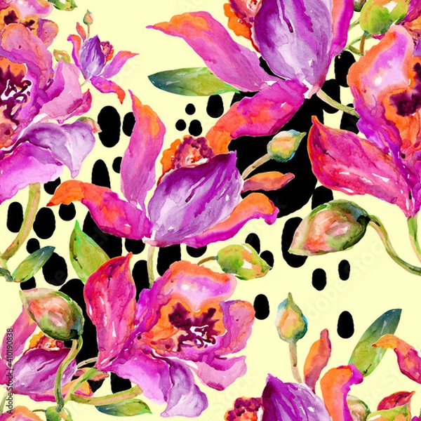 Fototapeta Seamless pattern of bright watercolor orchid
