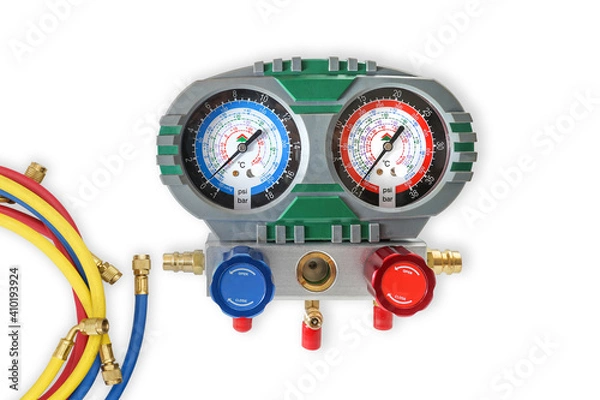 Fototapeta manometers on equipment for test and refueling of air conditioners.