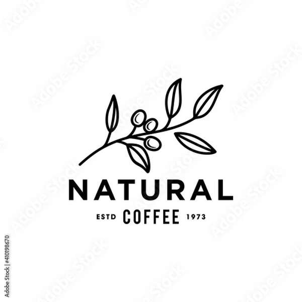 Fototapeta coffee bean plant branch hipster minimal logo vector with leaf simple line outline icon for natural cafe concept.