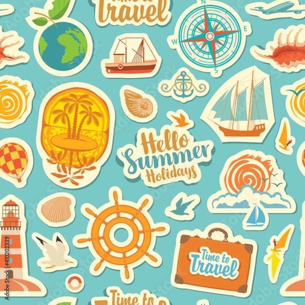 Fototapeta Seamless pattern on the theme of travel and vacation. Repeating vector background with stickers or magnets. Set of sea summer icons on a blue backdrop in retro style