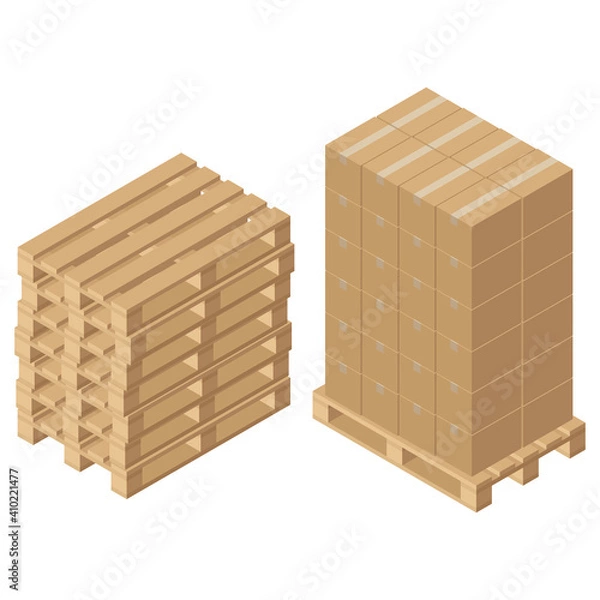 Fototapeta Isometric cardboard boxes on wooden pallet. Cargo box. Isolated on white background. Vector illustration in flat style.