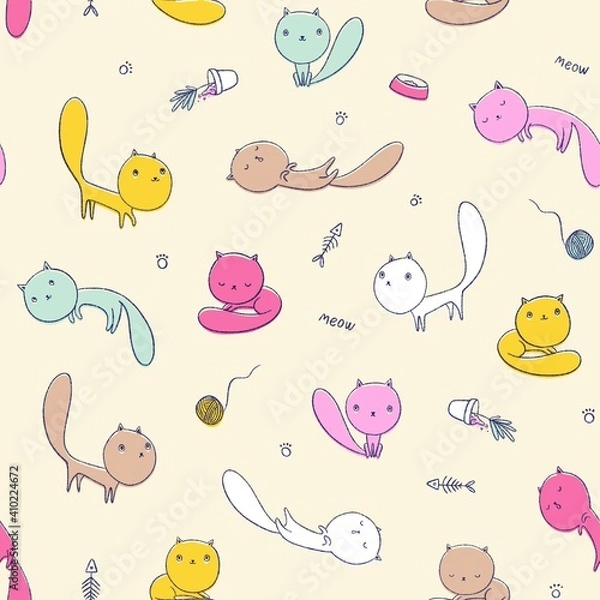 Fototapeta Seamless pattern with cute funny colourful cats.