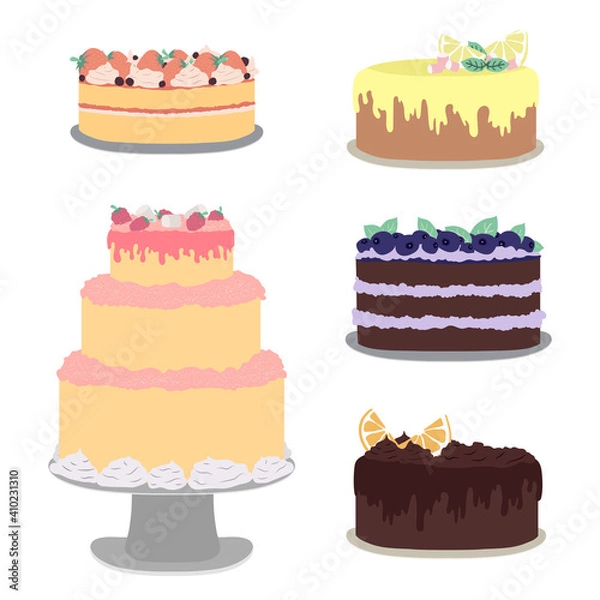 Fototapeta Flat cream cakes. Illustration of birthday cake, decorative cheesecake. Holiday tasty food from bakery, event delicious pie vector icons
