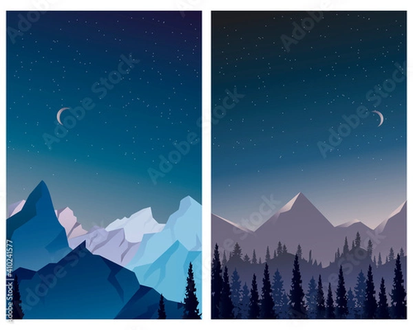 Fototapeta Vector illustration of nature with mountains and fir trees. Screensaver.
