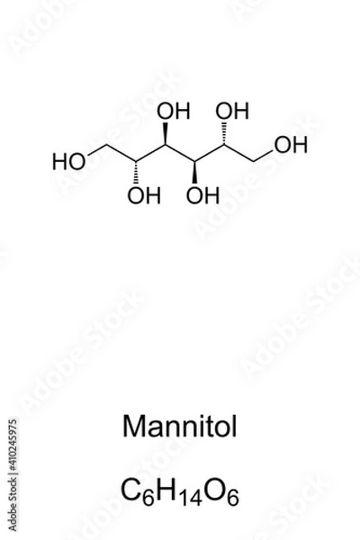 Fototapeta Mannitol, chemical formula and skeletal structure. D-Mannitol, mannite or manna sugar. Isomer of sorbitol, used as sweetener in diabetic food and medication to decrease pressure in eyes. E421. Vector.