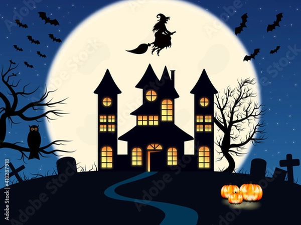 Obraz Illustration for halloween. Castle in the background of the moon, tombstones, bats, witch, creepy trees, owl and pumpkins.