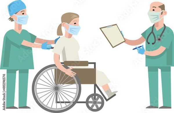 Fototapeta Young woman in a wheelchair at the doctor's appointment. A doctor in medical uniform transports a patient in a wheelchair. Distribution of patients in the hospital. Flat infographics. Vector