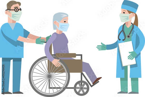 Fototapeta A doctor in a medical uniform transports a patient, an elderly woman in a wheelchair. They are met by a doctor with a stethoscope and a list in his hands. Flat infographics. Vector illustration