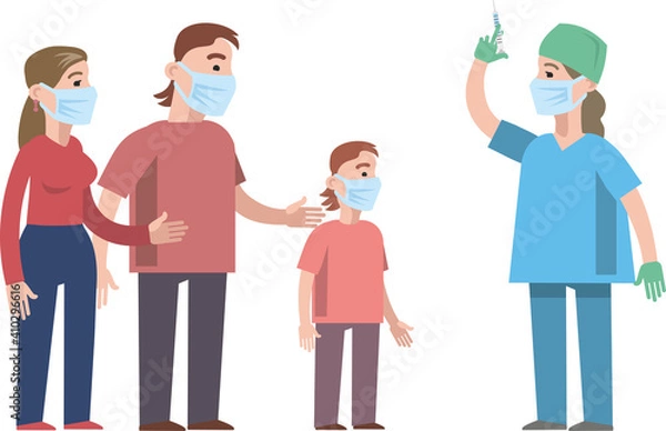 Fototapeta Family vaccination for immune health. The doctor holds in his hand a syringe with a vaccine against influenza, virus, coronavirus. Prevention and immunization of people. Flat infographics. Vector.