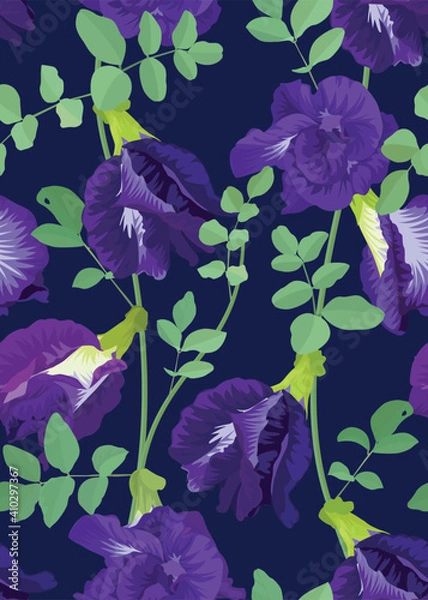 Fototapeta Seamless pattern of clitoria ternatea or butterfly pea flower on blue background template. Vector set of floral element for wedding invitations, greeting card, brochure, banners and fashion design.