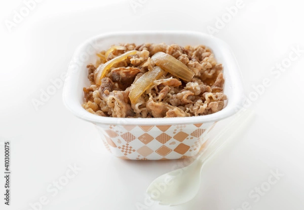 Fototapeta Close-up of beef bowl (Gyudon)  in plastic container for takeout