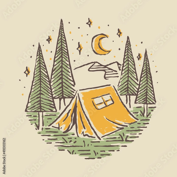 Obraz Camping nature adventure wild line badge patch pin graphic illustration vector art t-shirt design