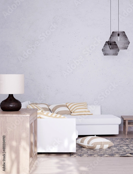 Fototapeta Wall mock up in living room. Scandinavian interior. 3d rendering, 3d illustration