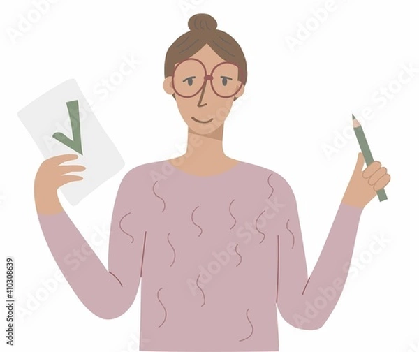 Fototapeta Woman with check list and green pencil in hand. Flat icon design. Vector stock illustration.