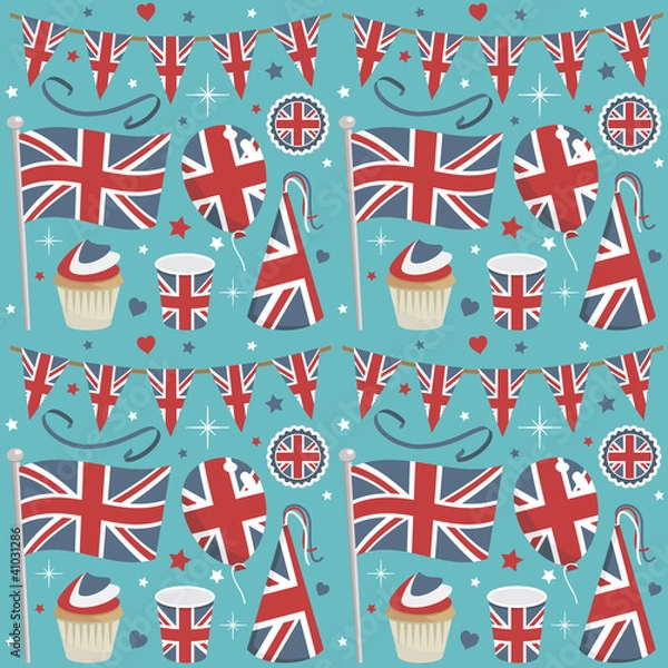 Fototapeta UK seamless vector party pattern with flags, balloons, treats and bunting