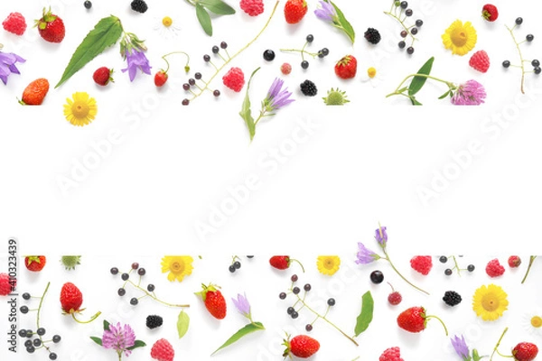 Fototapeta Frame from flowers and berries with place for text, top view. The concept of summer, spring, Mother's Day, March 8. 