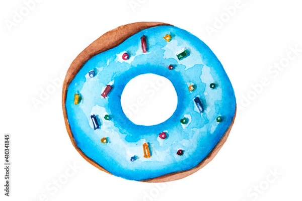 Fototapeta Watercolor drawing of donut with blue glaze and colorful topping isolated on the white background. Hand painted illustration of turquois donut