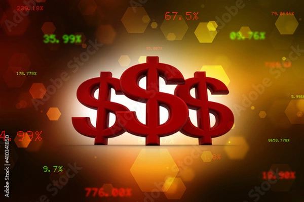 Fototapeta 3d illustration of dollar sign and finance icons, finance, investment concept in abstract business background