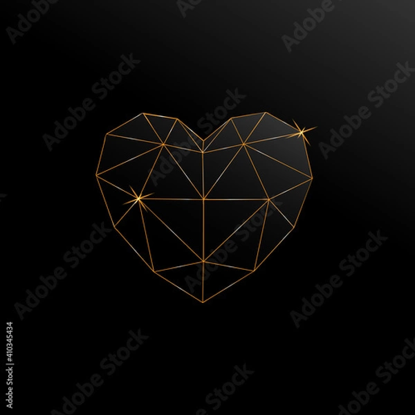 Obraz Polygonal heart with gold adges on a black background. Vector illustration.