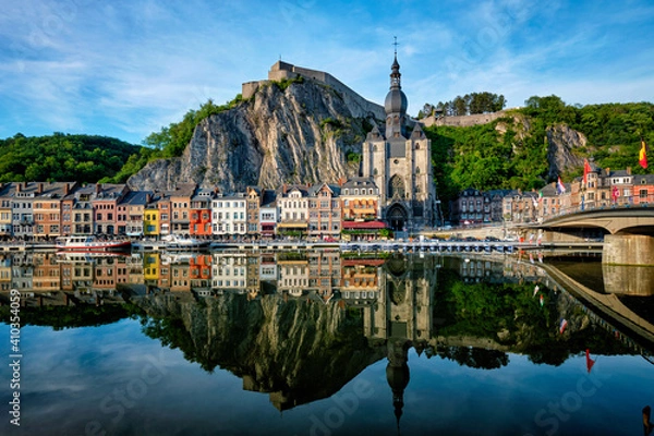 Fototapeta Picturesque Dinant town, Dinant Citadel and Collegiate Church of Notre Dame de Dinant and Pont Charles de Gaulle bridge over Meuse river. Belgian province of Namur, Blegium