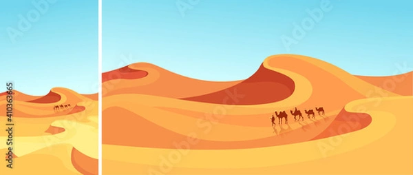 Fototapeta Caravan going through desert. Set of landscapes in vertical and horizontal orientation.