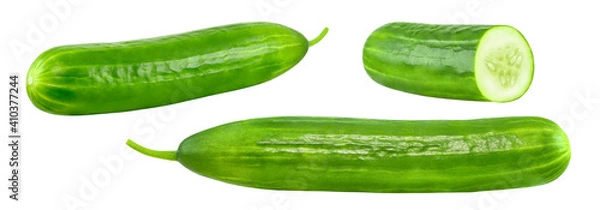 Fototapeta Cucumbers whole and cut isolated on a white background with clipping path. Full depth of field. Set of parts..