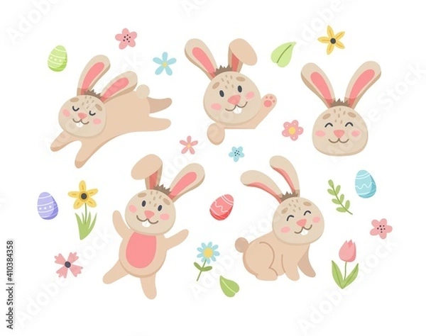 Fototapeta Easter bunny set with cute flowers and eggs. Hand drawn flat cartoon elements. Vector illustration