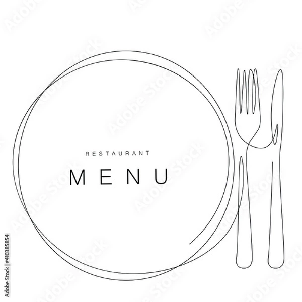 Fototapeta Menu restaurant background with plate and fork, knife vector illustration