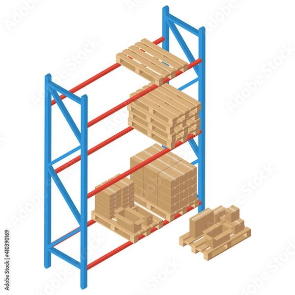 Obraz Isometric racks with pallet and box. Vector warehouse shelving. Isolated on white background. Logistic and delivery service element for web and infographics.