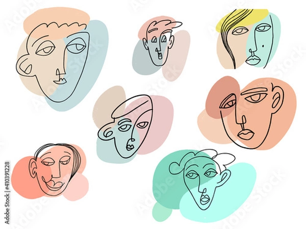 Obraz Face line art. One line man and woman portrait, creative freehand composition in contemporary abstract style with colorful geometric elements. Beauty fashion female young face. Tempura design for