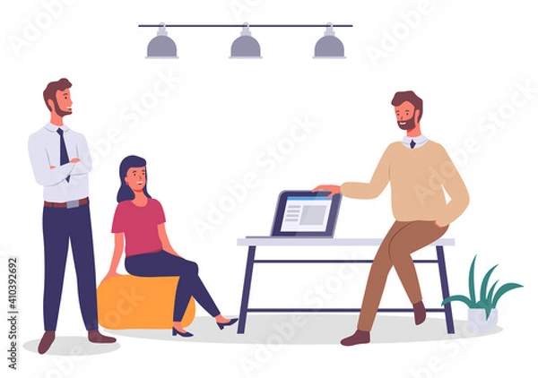Fototapeta Man sits on table with monitor or monoblock, girl sits on comfortable yellow pouf, bearded guy in shirt stands with his arms crossed. Office modern interior, ceiling lighting, pot plant. Flat image