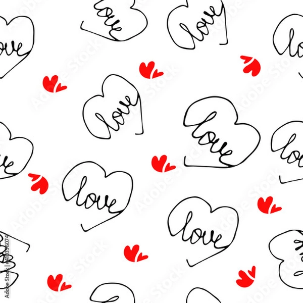 Obraz Hand drawn doodle seamless pattern with hearts. Elements for Valentine's day. Red. Illustration design vector sketch print.