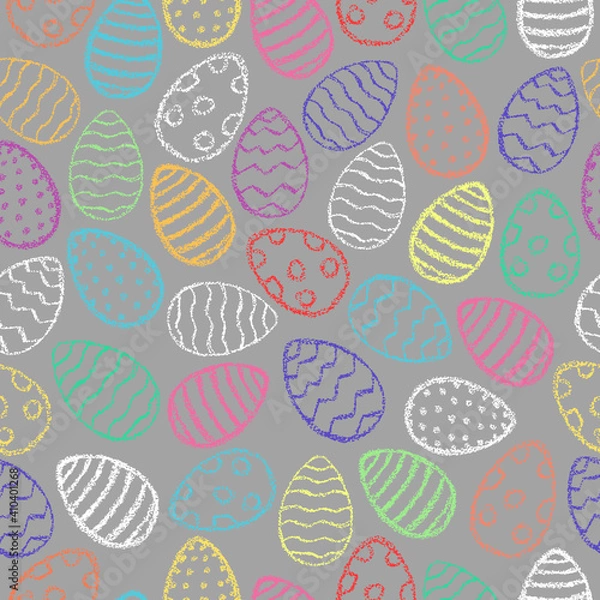 Fototapeta Chalk Easter eggs pattern. Children drawing eggs hand drawn wax crayons art on grey. Crayon style Easter print. Color pastel crayons freehand drawn egg background. Fabric Easter texture.Chalk eggs.