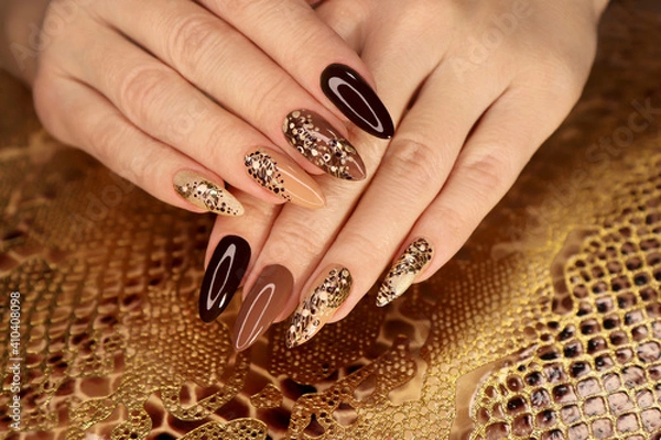 Fototapeta Luxurious multicolored manicure with animal design on long nails.