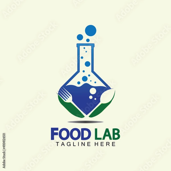 Obraz Food Lab logo vector icon illustration design template. lab logo.Lab test tube with spoon and fork.