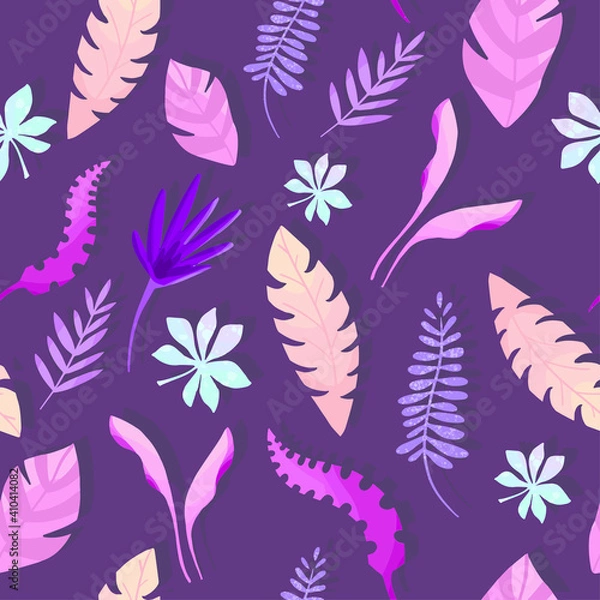 Fototapeta Tropical purple forest leaves background with cartoon neon plants seamless pattern