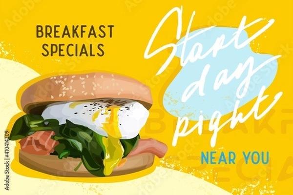 Obraz Breakfast egg burger and smoked salmon offer layout. Breakfast and lunch special offer and delivery near you. Design for food menu, cafe, food blog and recepies.