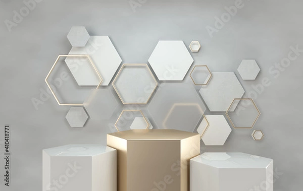 Fototapeta 3d rendered studio with geometric shapes, podium on the floor. Platforms for product presentation, mock up background. Abstract composition in minimal design, white, golden colors