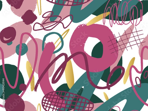 Fototapeta Seamless abstract doodle background pattern in bright summer positive colors. Hand-drawn abstract pattern with randomly arranged spots and dots and lines. Pencil and paint texture.