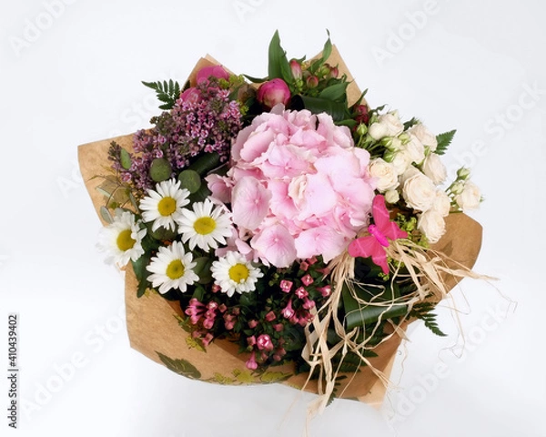 Obraz Gift round bouquet in white and pink colors. Made from fresh cut flowers: roses, lilacs, orchids and hydrangea, chamomile
