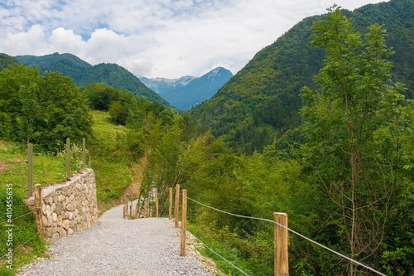 Fototapeta The summer landscape near the village of Zatolmin in Tolmin municipality, Primorska, Slovenia. Part of the Triglav National Park
