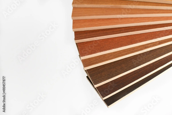 Fototapeta Color wood samples.
Сatalog of wood materials for design on a light background. Collection of surface boards.
  Wood color and texture samples.