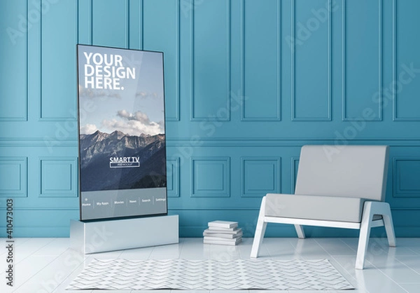 Fototapeta Vertical Smart TV Mockup Standing Near Blue Wall