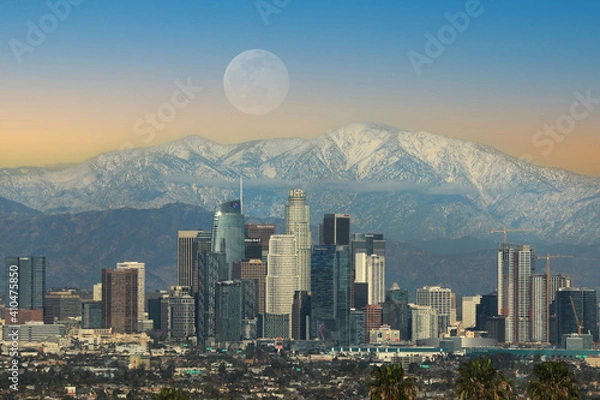 Obraz Los Angeles, CA January 30 2021 Moonrise Image of Downtown City of LA Buildings