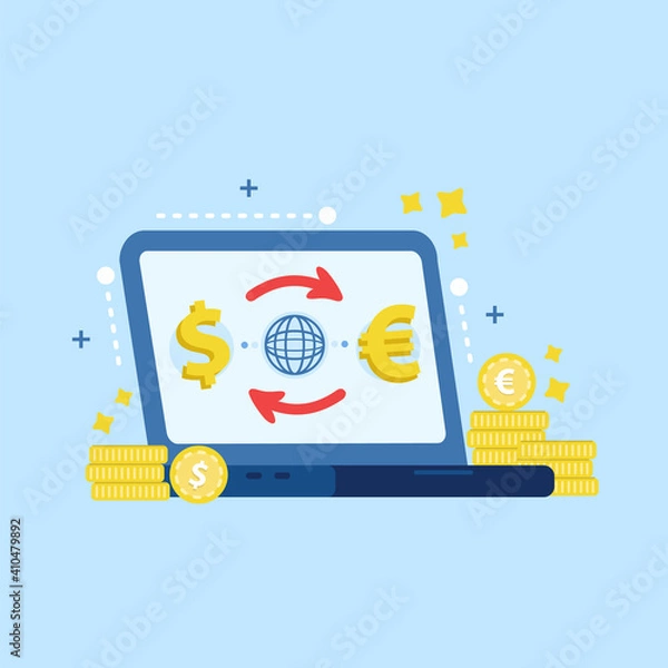 Fototapeta Currency exchange service. Cryptocurrency marketplace for exchange. 