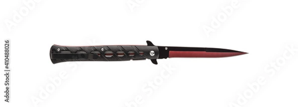 Fototapeta Pocket folding knife isolate on white back. Compact metal sharp knife with a folding blade.