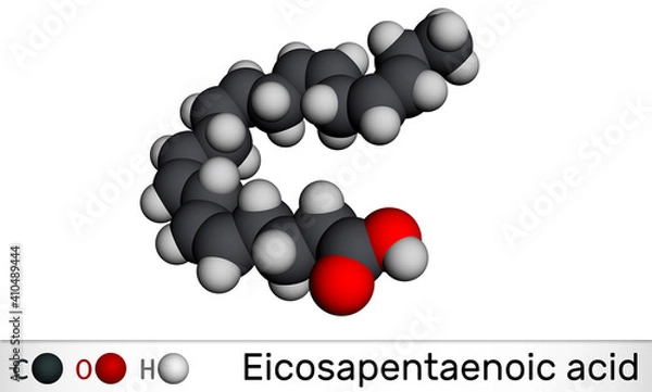 Fototapeta Eicosapentaenoic acid, EPA, icosapentaenoic acid, icosapent molecule. It is an omega-3 polyunsaturated long-chain fatty acid. Molecular model. 3D rendering