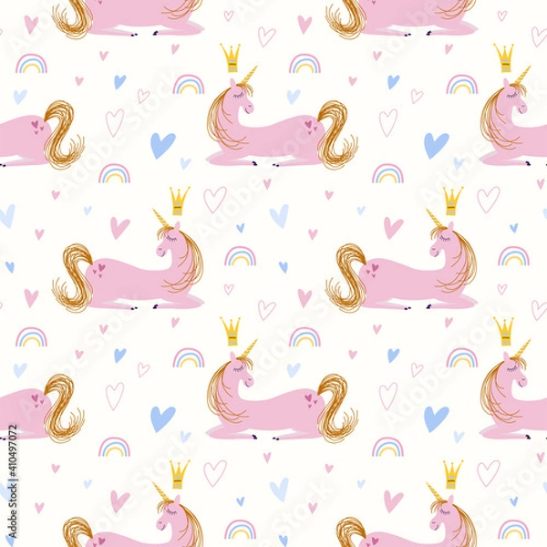 Fototapeta Vector repeat pattern of pink unicorn with crown. The unicorn lay down.