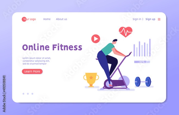 Obraz Man on a stationary bike doing sports at home. Concept of online fitness, online gym, workout at home, video exercise, smart sports equipment. Vector illustration in flat design for ui, web banner