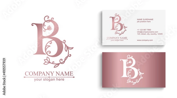 Obraz Premium Vector B logo. Monnogram, lettering. Delicate elegant floral pattern of roses, and business cards. Personal logo or sign for branding an elite company. Vector design.